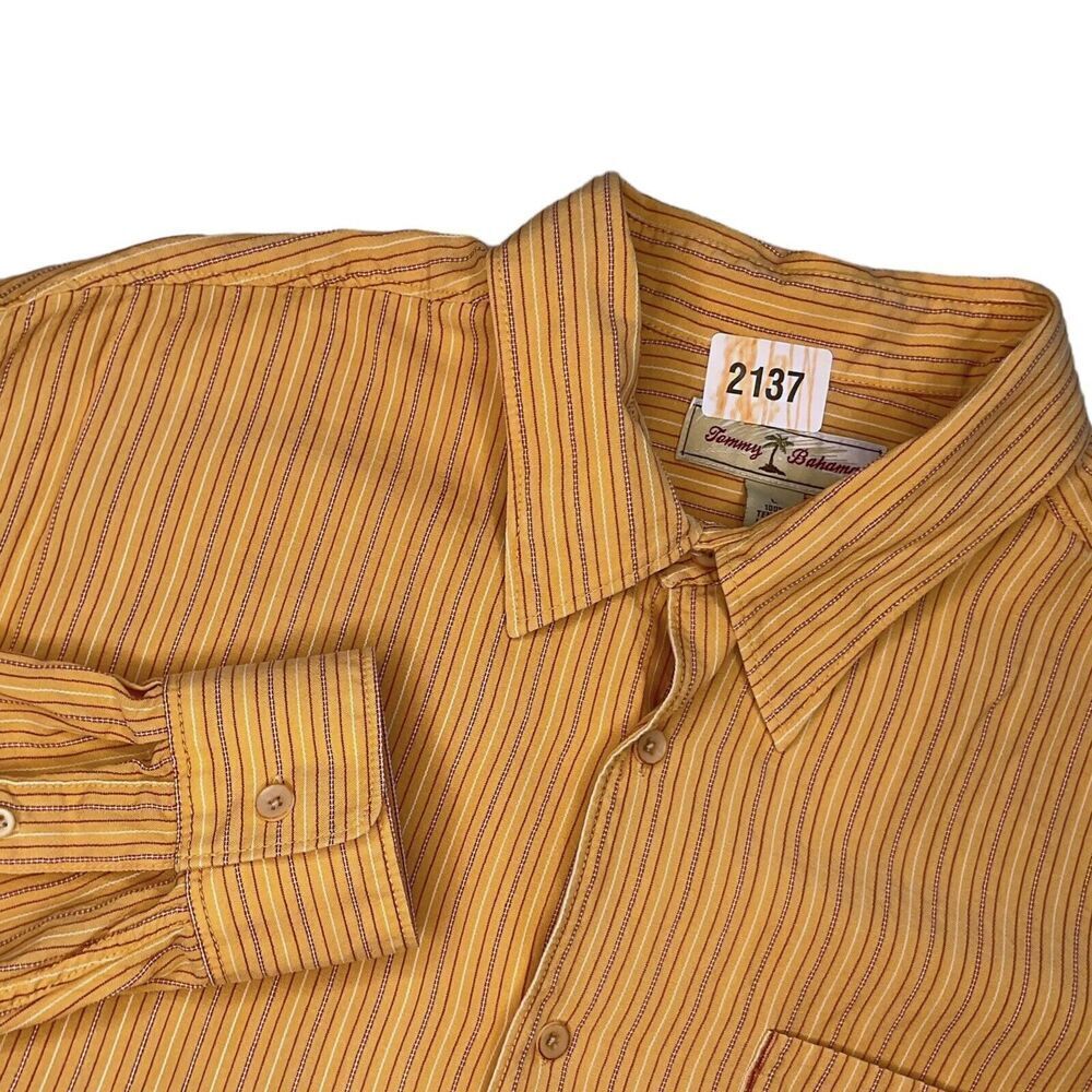 Tommy Bahama Men’s Button Up Shirt Yellow Striped Hawaiian Tencel Size‎ L Large